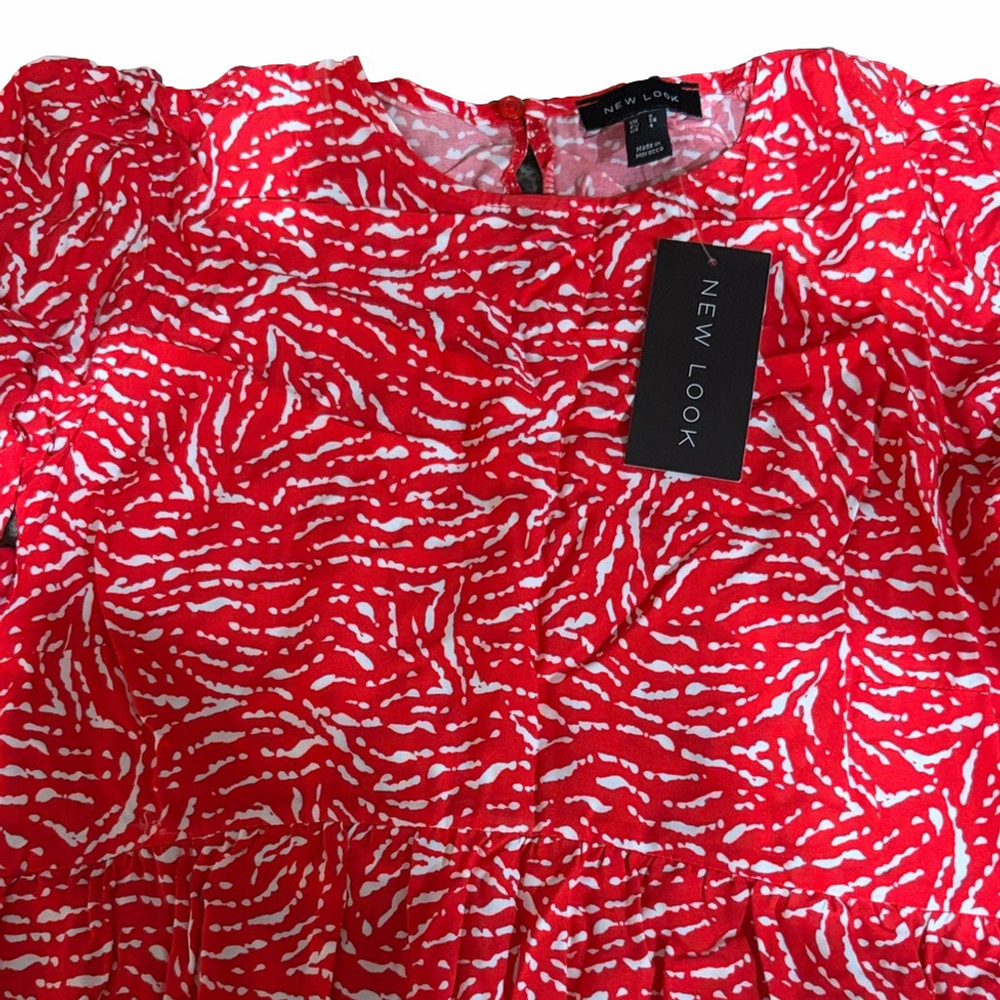 New Look Red Animal Print Tie Sleeve Tiered Midi Dress | NWT | Sz 4 - Picture 4 of 8
